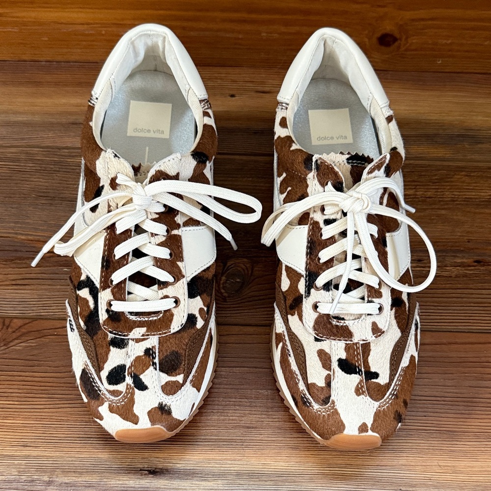 Dolce Vita White and Brown Cowhide Lace-Up Sneakers